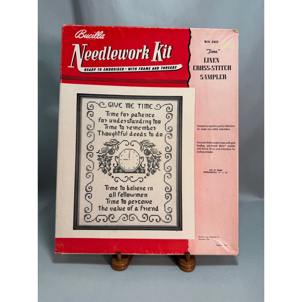 Bucilla Needlework Kit 3427 "Time" Linen Cross-Stitch Sampler 1958 Vintage 11x14